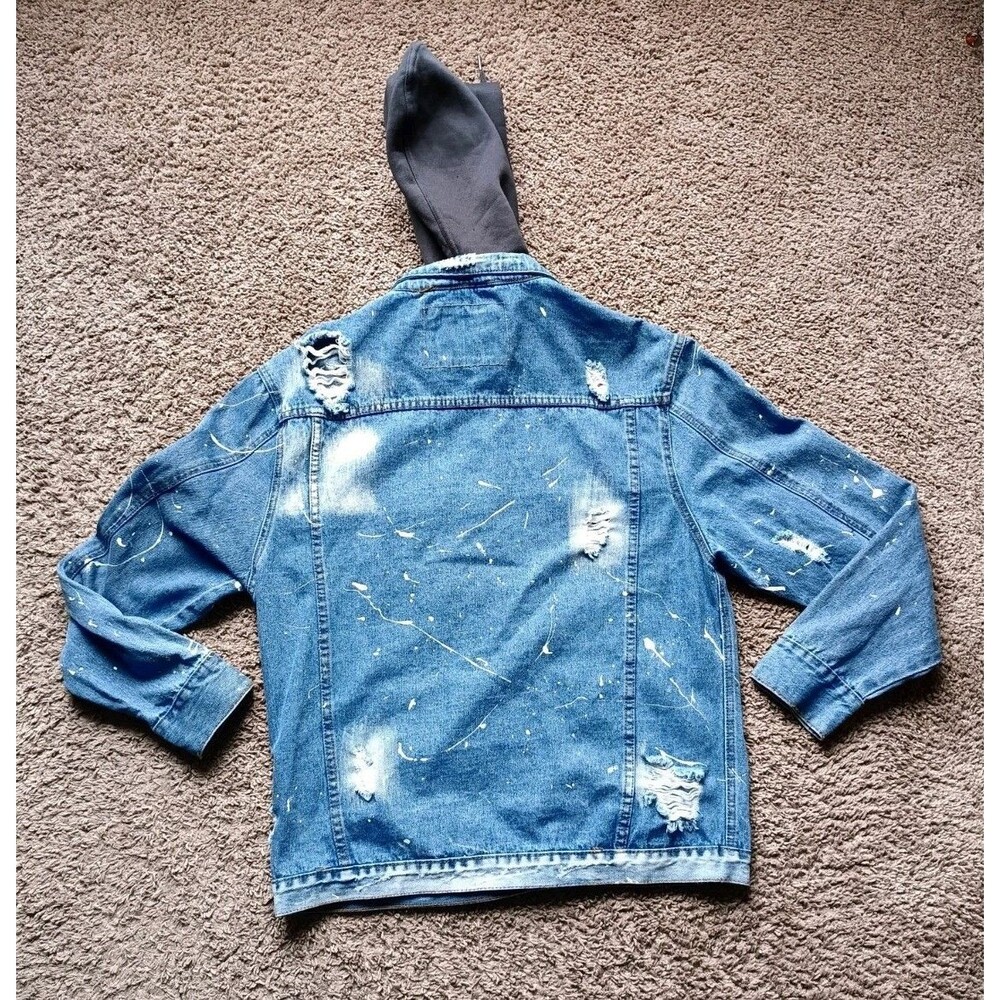 Rolling Paper Denim Jacket Men's Size XL Paint Splatter Front Pockets Hooded - Picture 7 of 10